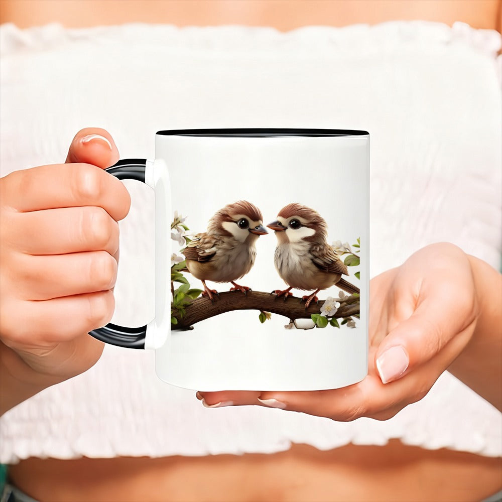 Tailorly Black Accent 11 oz Mug - two cute birds on a flowering branch