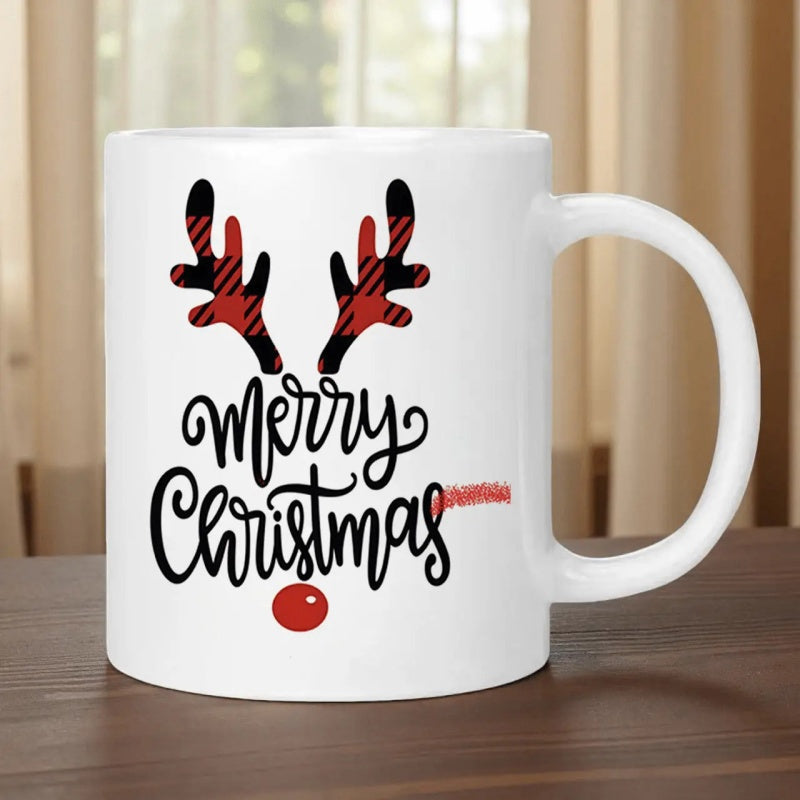 Tailorly White Ceramic 11 oz Mug - Merry Christmas Festive Buffalo Plaid Antlers With A Bright Red Nose Reindeer
