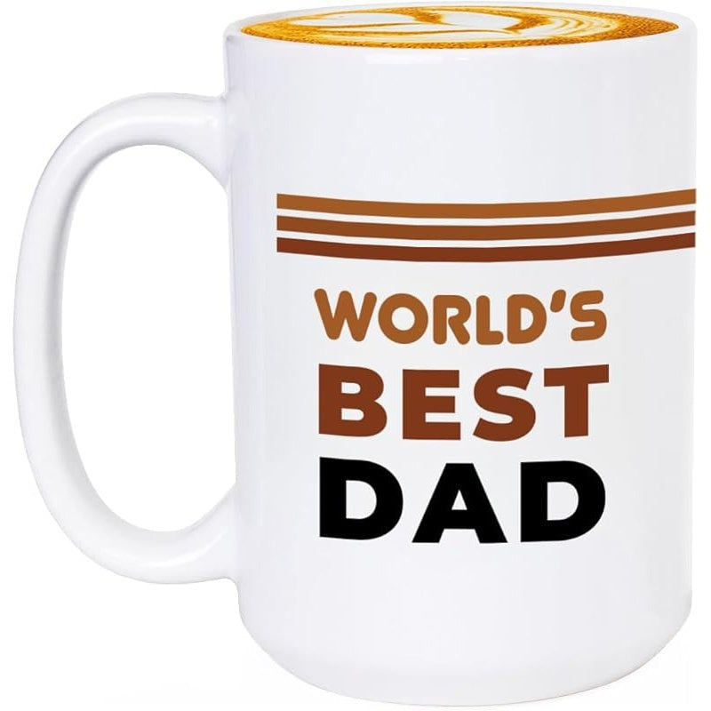 Tailorly White Ceramic 11 oz Mug - Worlds Best Dad Minimalist Design With Three Parallel Brown Stripes On
