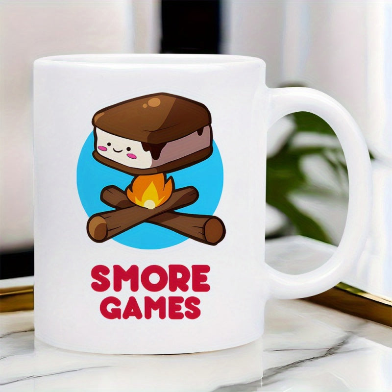 Tailorly White Ceramic 11 oz Mug - Smore Games Cute Cartoon Character Melting Over Warm Roaring Campfire Flame Smore