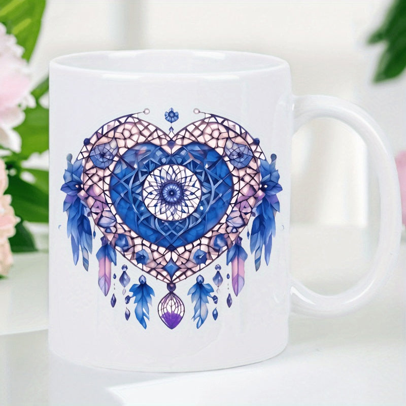 Tailorly White Ceramic 11 oz Mug - Intricate Heart Shaped Webbed Pattern With Elegant Blue Feathers Dreamcatcher