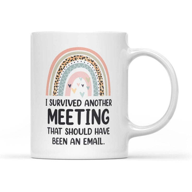 Tailorly White Ceramic 11 oz Mug - I Survived Another Meeting That Should Have Been An Email Boho Rainbow Decorated With Leopard Prints And Miniature Colorful