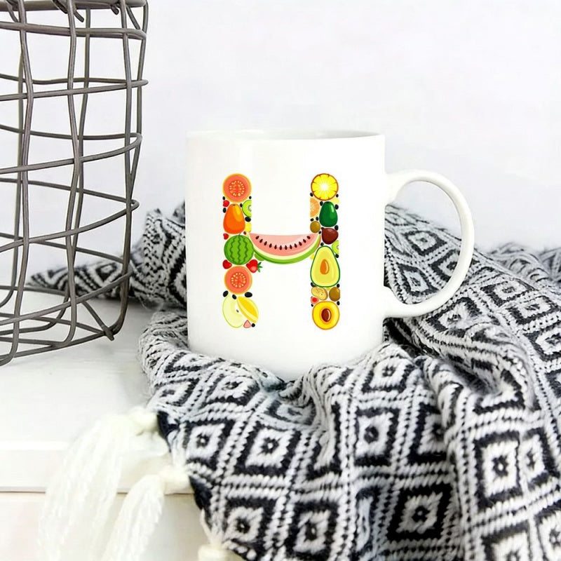 Tailorly White Ceramic 11 oz Mug - Vibrant Tropical Fruits Composed Into A Stylish Capital Alphabet Initial Letter