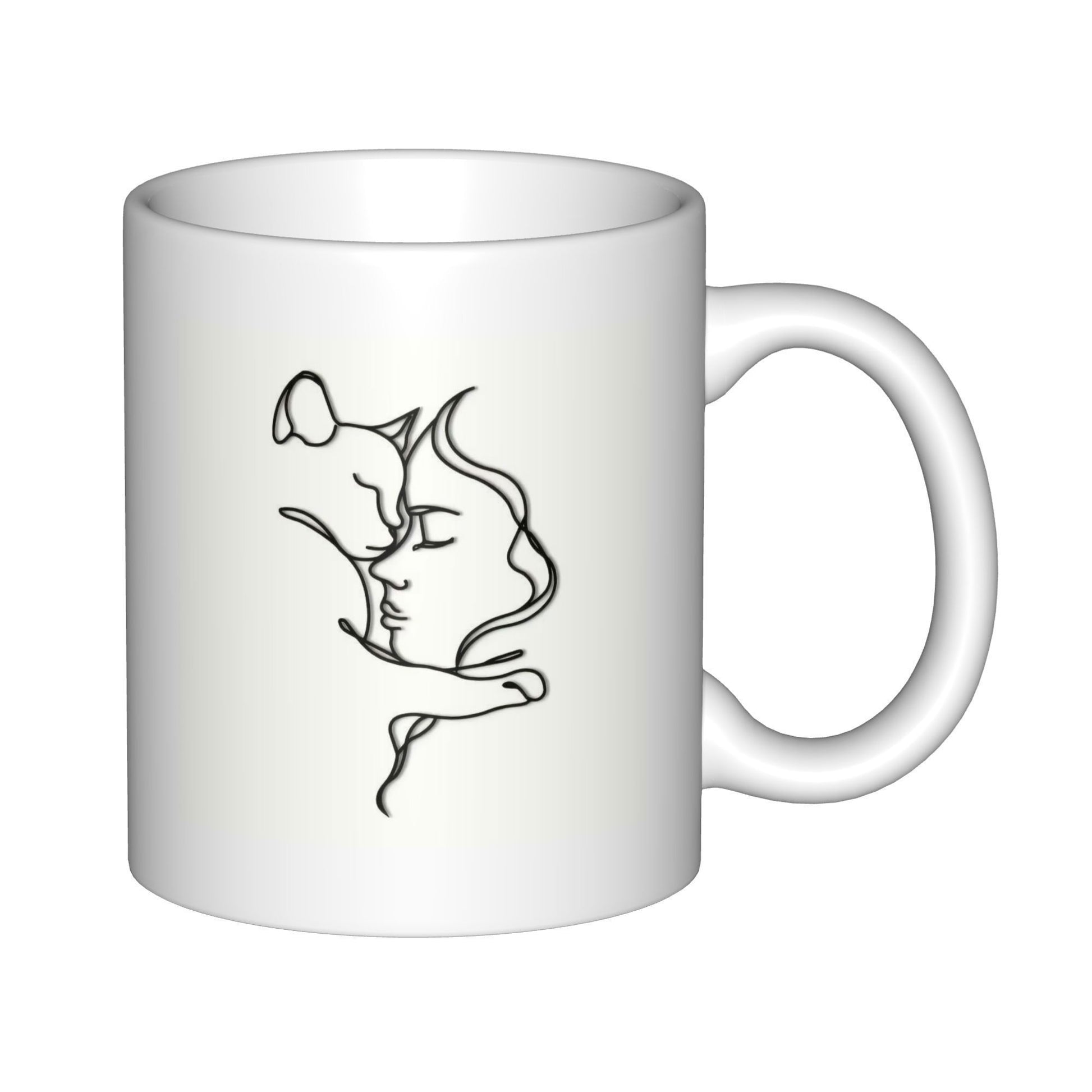Tailorly White Ceramic 11 oz Mug - Minimalist Black Line Art Of A Woman Hugging Her Cat