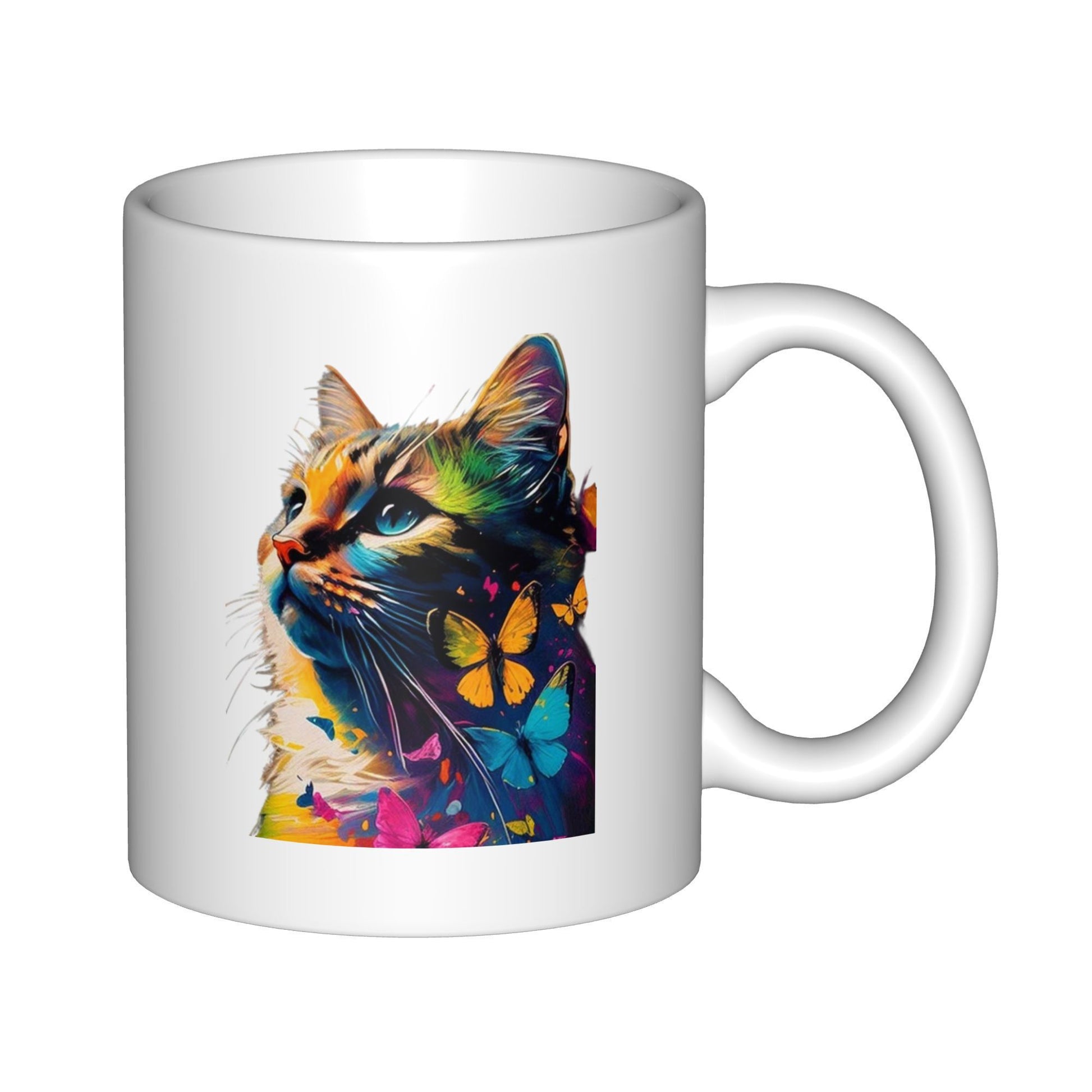 Tailorly White Ceramic 11 oz Mug - Vibrant Artistic Watercolor Style Featuring Gentle Butterflies Hovering Near A Graceful Cat
