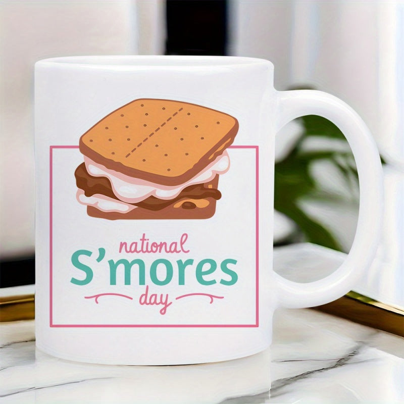 Tailorly White Ceramic 11 oz Mug - National S'mores Day Cartoon Style Stacked Graham Cracker Sandwich With Melted Chocolate And Marshmallow S'more