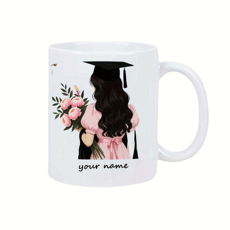 Tailorly White Ceramic 11 oz Mug - Your Name Elegant Graduate Holding A Pink Floral Bouquet From Behind Woman