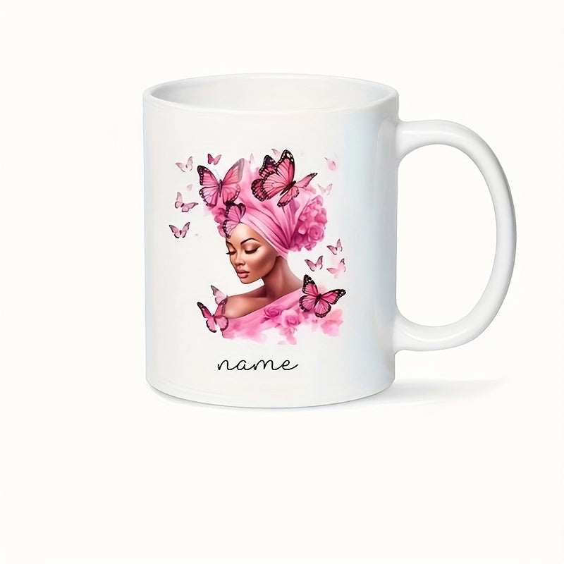 Tailorly White Ceramic 11 oz Mug - Name Elegant Black Woman With Pink Headwrap And Flying Butterflies Woman