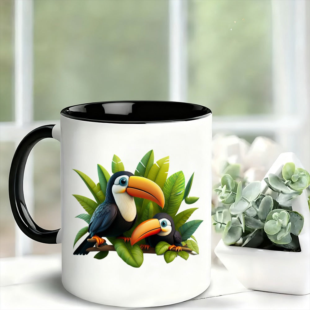 Tailorly Black Accent 11 oz Mug - mug featuring of birds tropical leaves showcasing vibrant artwork suitable for home office or kitchen decor an