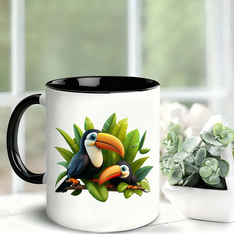 Tailorly Black Accent 11 oz Mug - mug featuring of birds tropical leaves showcasing vibrant artwork suitable for home office or kitchen decor an