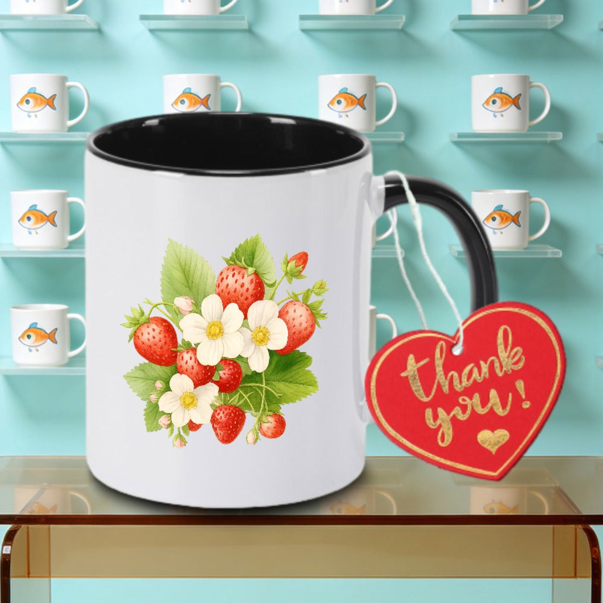 Tailorly Black Accent 11 oz Mug - Fresh Strawberries and White Flowers