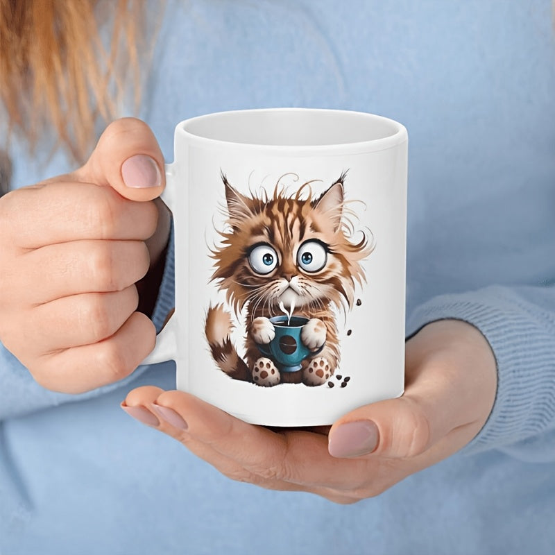 Tailorly White Ceramic 11 oz Mug - Messy Haired Brown Kitten Drinking From Small Blue Mug Cat