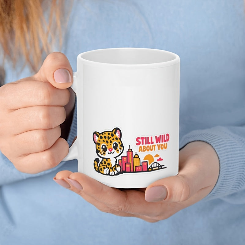 Tailorly White Ceramic 11 oz Mug - Still Wild About You Adorable Spotted Cub Resting Near A Vibrant Sunset City Skyline Leopard