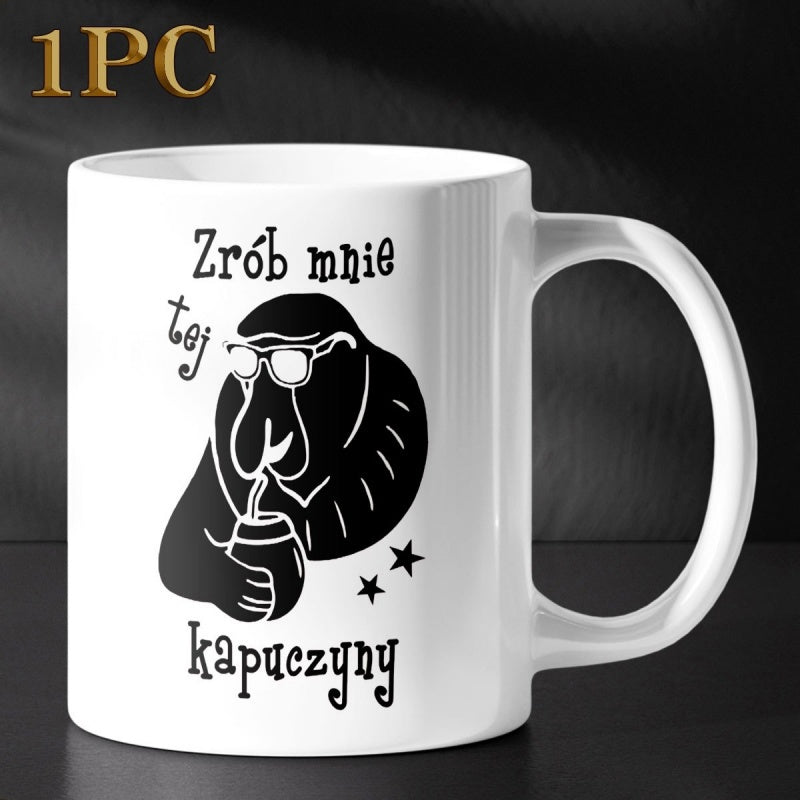 Tailorly White Ceramic 11 oz Mug - Cartoon Proboscis Monkey Wearing Black Glasses Sipping Drink With Stars Monkey