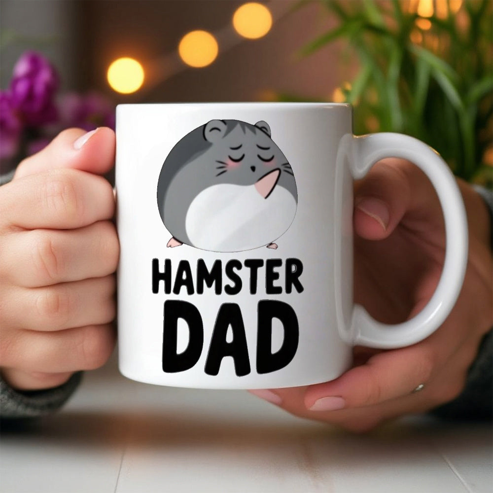 Tailorly White Ceramic 11 oz Mug - Hamster Dad Round Chubby Grey Character Resting In A Calm Peaceful State Hamster