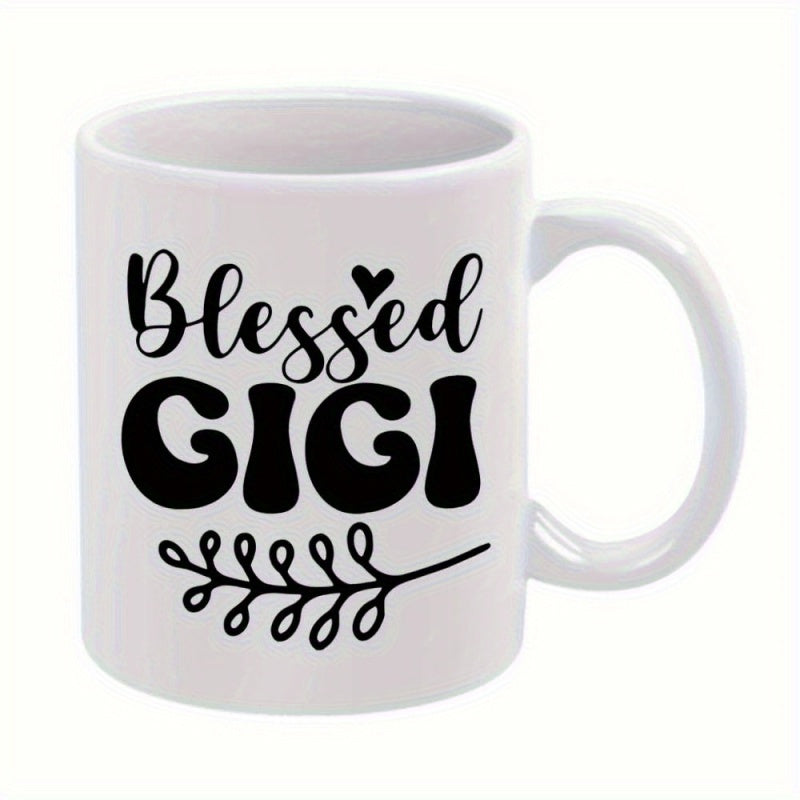 Tailorly White Ceramic 11 oz Mug - Blessed Gigi Elegant Hand Drawn Script With Artistic Leafy Branch And Tiny Heart Mug