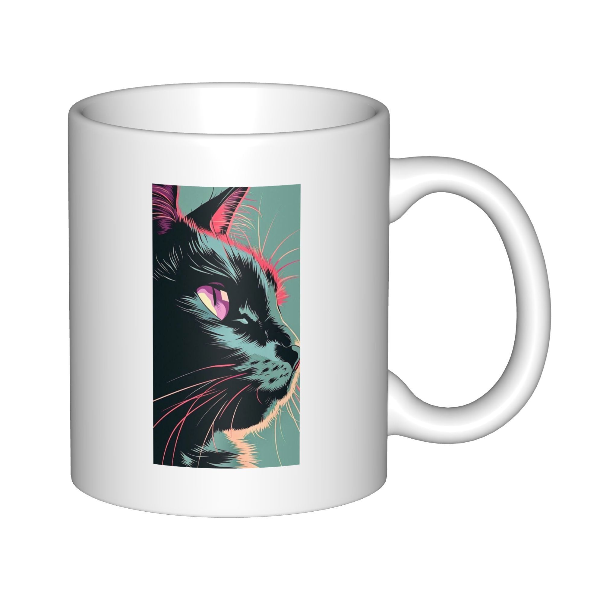Tailorly White Ceramic 11 oz Mug - Mysterious Portrait Of A Black Cat With Pink Accents And Glowing Eyes Cat