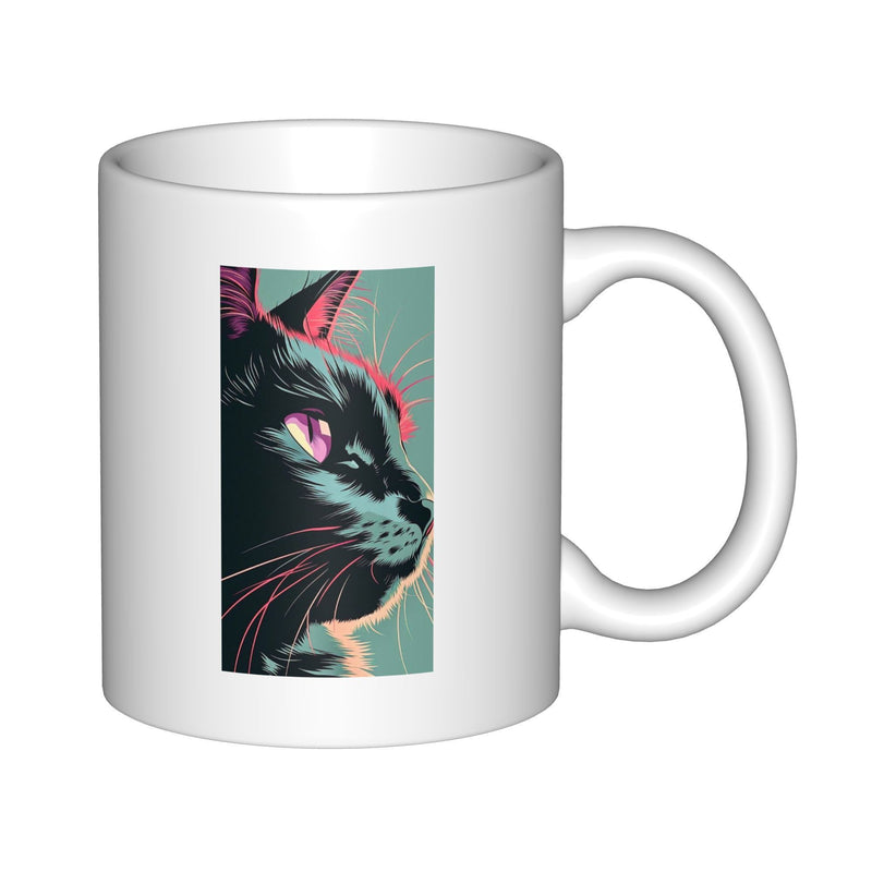 Tailorly White Ceramic 11 oz Mug - Mysterious Portrait Of A Black Cat With Pink Accents And Glowing Eyes Cat