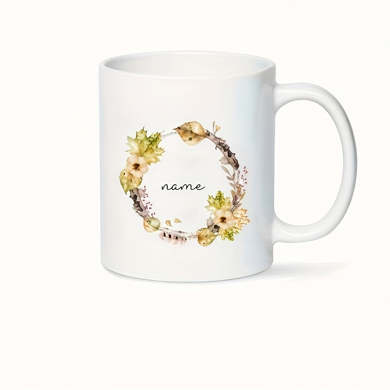 Tailorly White Ceramic 11 oz Mug - Name Autumn Floral Wreath With Golden Leaves And Delicate Blooms Mug