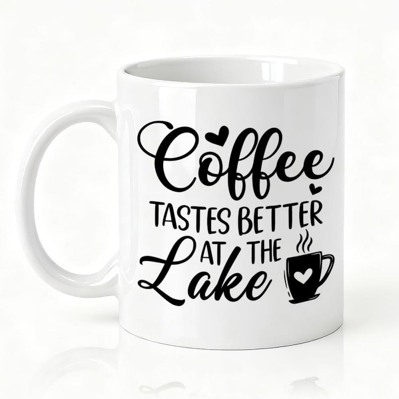 Tailorly White Ceramic 11 oz Mug - Coffee Tastes Better At The Lake Artistic Script Lettering With Steaming Cup And Tiny Hearts Mug