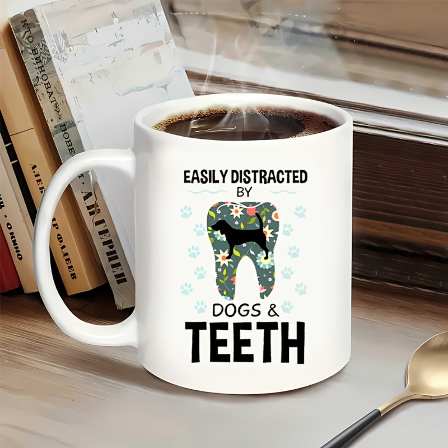 Tailorly White Ceramic 11 oz Mug - Easily Distracted By Dogs Teeth Silhouette Of A Dog Inside A Floral Patterned Dental Shaped Tooth