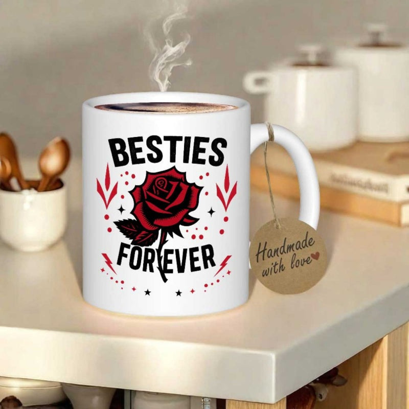 Tailorly White Ceramic 11 oz Mug - Besties For Ever Elegant Red Rose Blooming Among Stars And Petals Rose