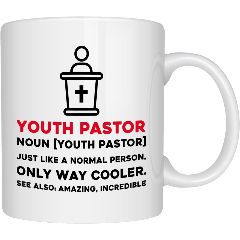 Tailorly White Ceramic 11 oz Mug - Youth Pastor Noun Just Like A Normal Person Simple Black Line Icon Depicting A Figure Behind A Church Pulpit Mug