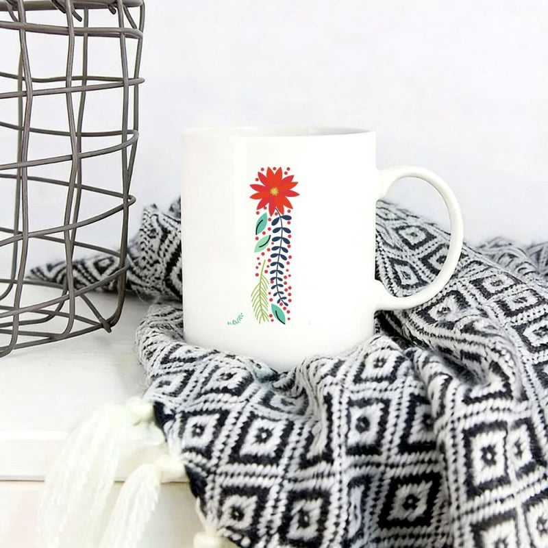 Tailorly White Ceramic 11 oz Mug - Vibrant Red Vertical Botanical Pattern With Delicate Leaves And Petals Flower