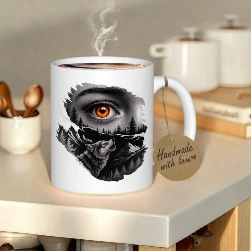 Tailorly White Ceramic 11 oz Mug - Handmade With Love Mysterious Glowing Eye Gazing Over Dark Misty Forest With Howling Wolf