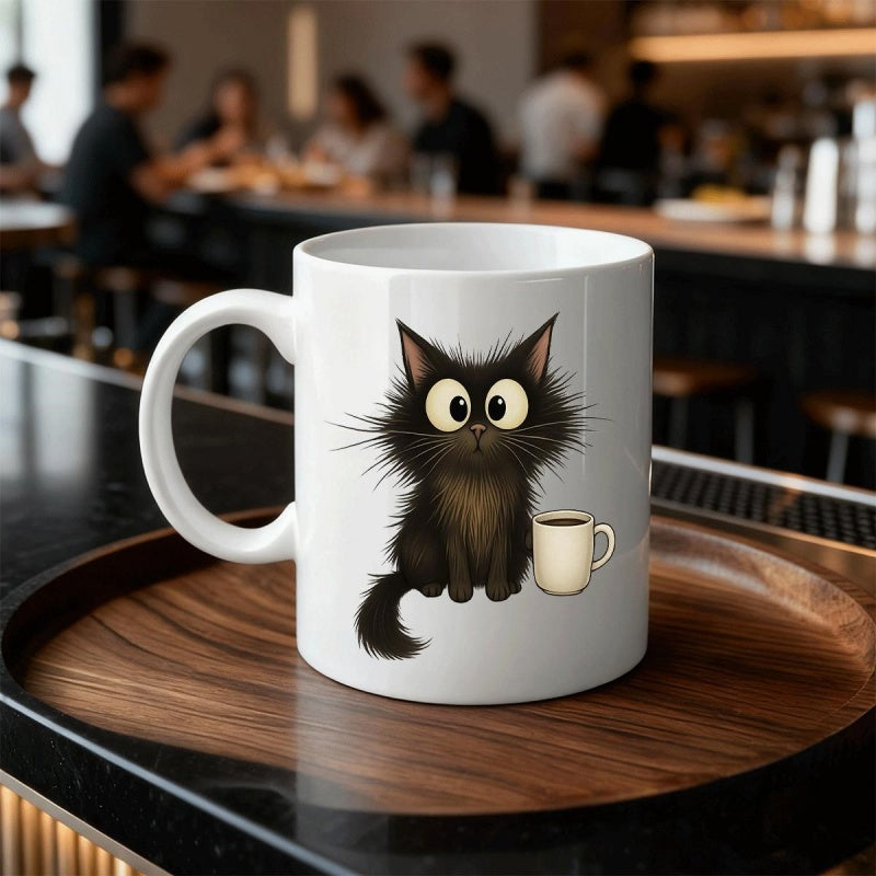 Tailorly White Ceramic 11 oz Mug - Scruffy Black Feline With Large Curious Eyes Sitting Beside Small Coffee Cat
