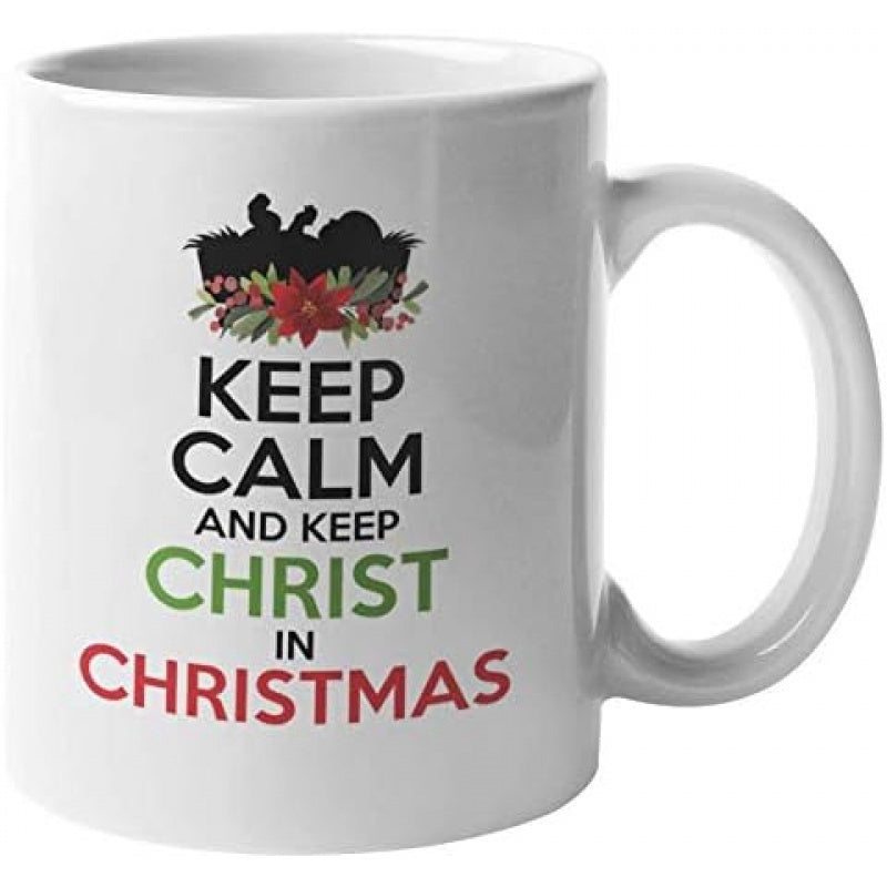 Tailorly White Ceramic 11 oz Mug - Keep Calm And Keep Christ In Christmas Silhouette Nativity Scene With Red Poinsettia Flowers Among Green Pine Leaves Mug
