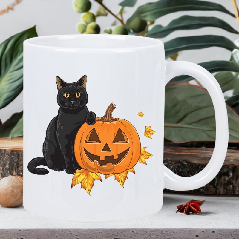 Tailorly White Ceramic 11 oz Mug - Mysterious Black Cat Sitting Beside A Carved Halloween Pumpkin Cat