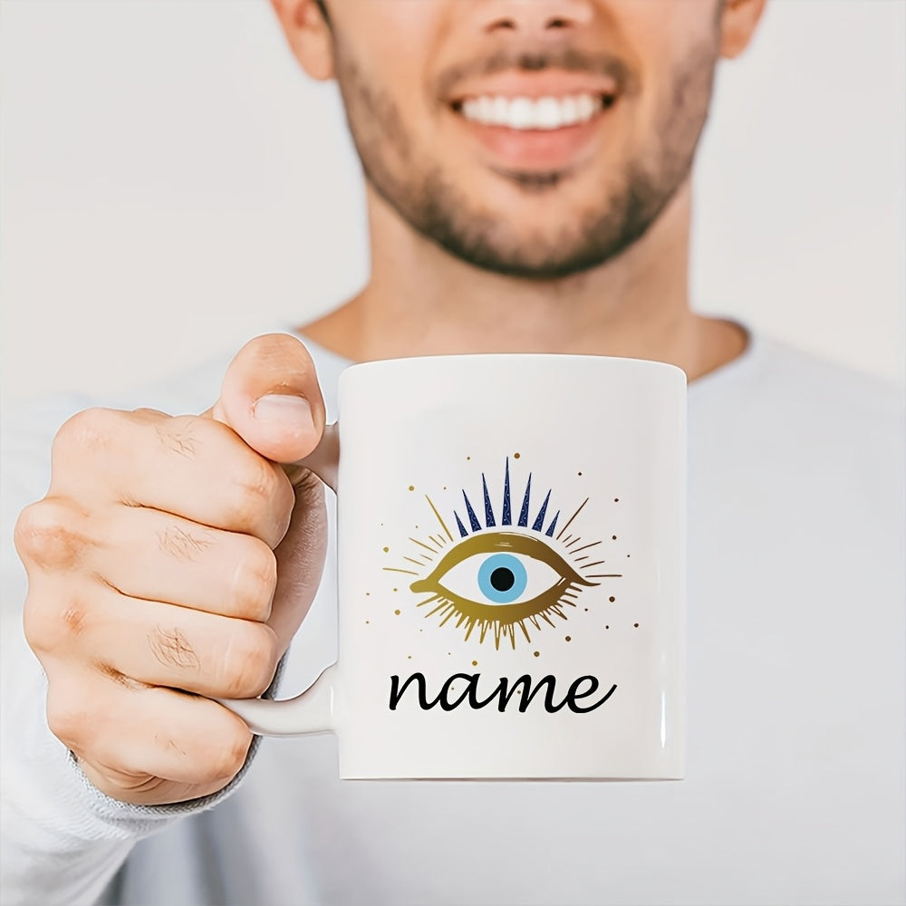 Tailorly White Ceramic 11 oz Mug - Name Mystical Protective Nazar With Golden Rays And Blue Iris Eye
