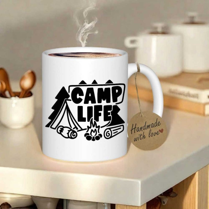 Tailorly White Ceramic 11 oz Mug - Camp Life Cozy Outdoor Scene With A Silhouette Tent And Campfire