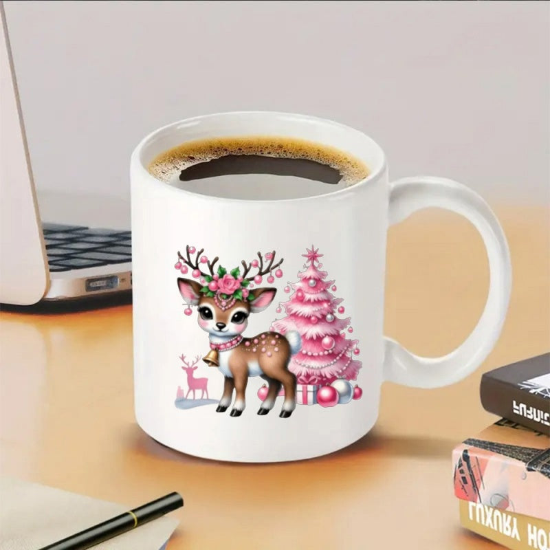 Tailorly White Ceramic 11 oz Mug - Adorable Fawn With Pink Christmas Tree And Flowers In Winter Deer