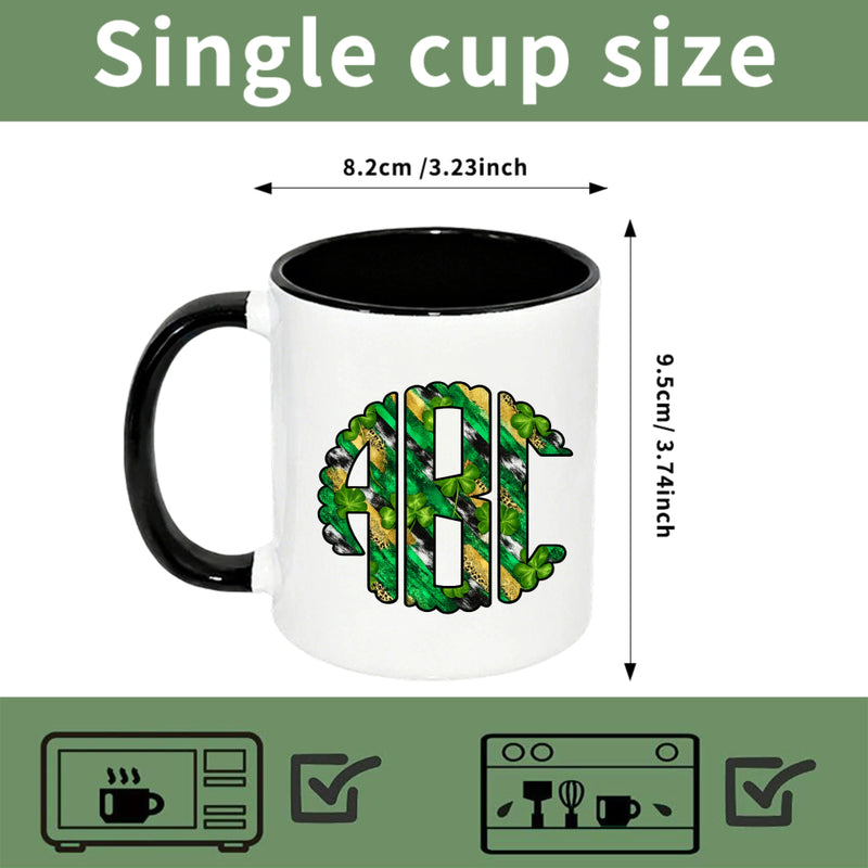 Tailorly Black Accent 11 oz Mug - shamrock pattern with monogram letters