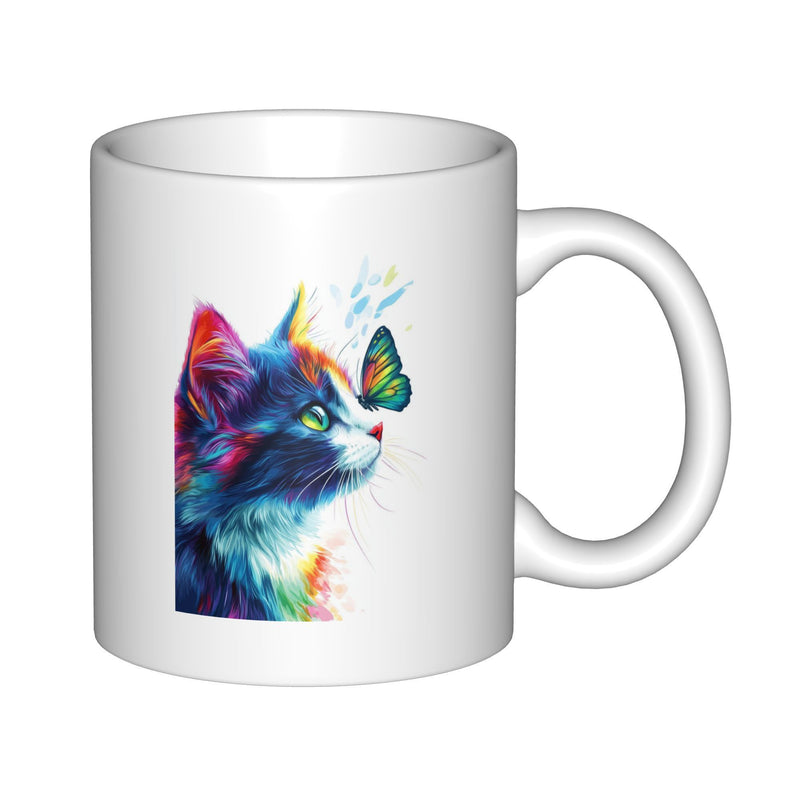 Tailorly White Ceramic 11 oz Mug - Vibrant Artistic Watercolor Cat Head Featuring Small Butterfly On Its Nose Cat