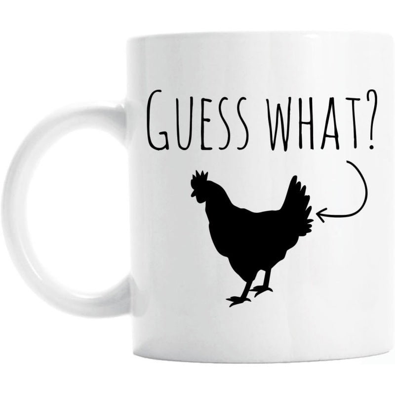 Tailorly White Ceramic 11 oz Mug - Guess What Minimalist Black Silhouette Featuring A Curved Arrow On Funny Joke Chicken
