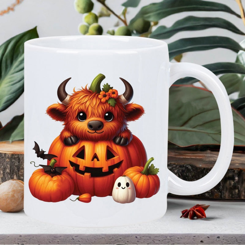 Tailorly White Ceramic 11 oz Mug - Adorable Shaggy Calf Sitting Inside A Carved Halloween Jack O Lantern Cow