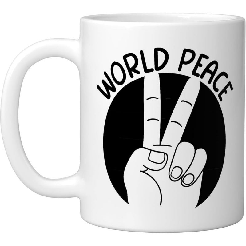 Tailorly White Ceramic 11 oz Mug - World Peace Classic Victory Gesture Emerging From A Bold Minimalist Circular Silhouette Hand
