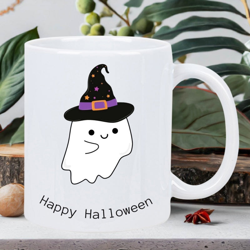 Tailorly White Ceramic 11 oz Mug - Happy Halloween Adorable Smiling Little White Spirit Wearing Starry Magic Witch Hat Ghost
