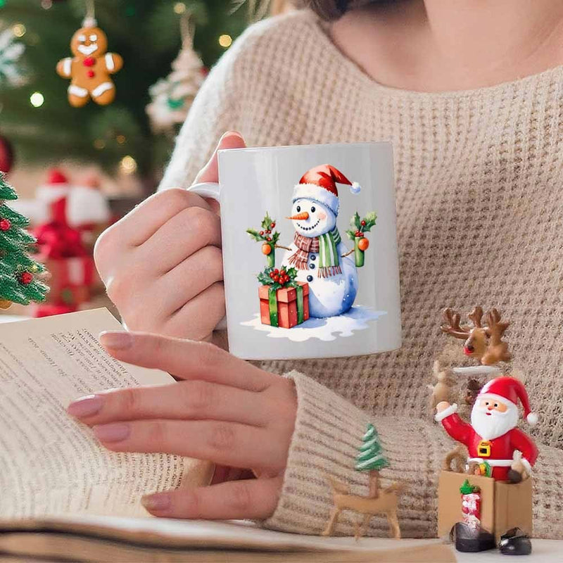 Tailorly White Ceramic 11 oz Mug - Festive Winter Scene Featuring Smiling Snowman Wearing Red Santa Hat Snowman