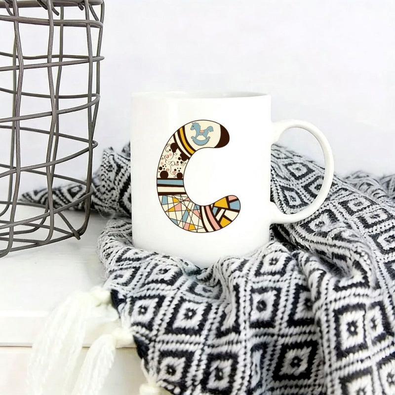 Tailorly White Ceramic 11 oz Mug - C Artistic Bohemian Tribal Pattern Featuring Earth Tones And Geometric Letter