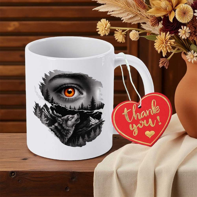 Tailorly White Ceramic 11 oz Mug - Thank You Mysterious Human Eye Overlooking Wild Howling Wolf Amidst Thick Pine Forest Wolf