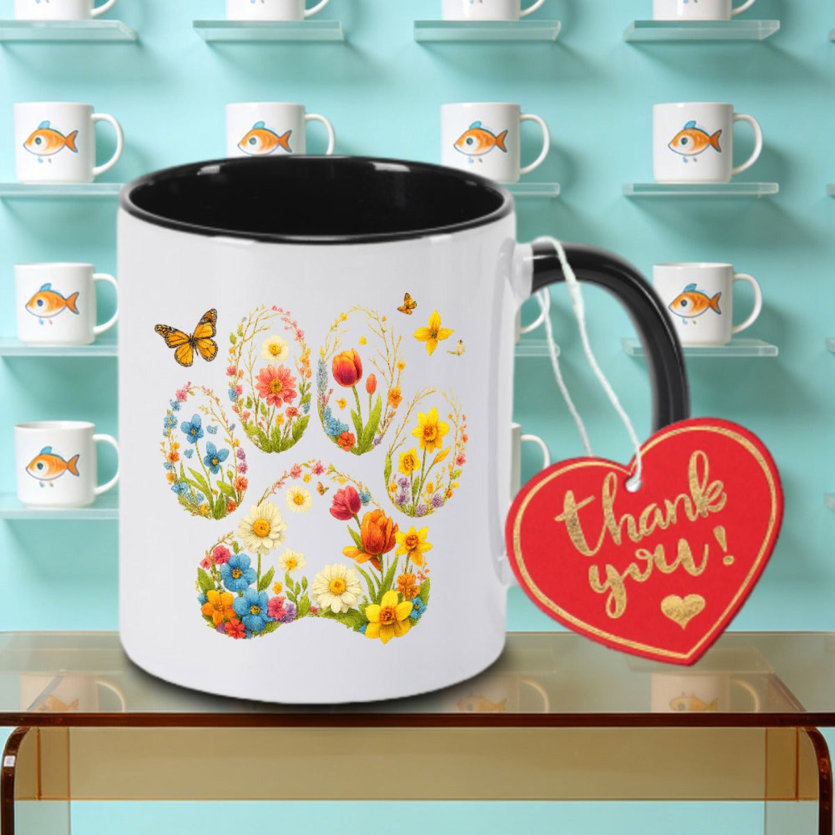 Tailorly Black Accent 11 oz Mug - Floral Paw Print