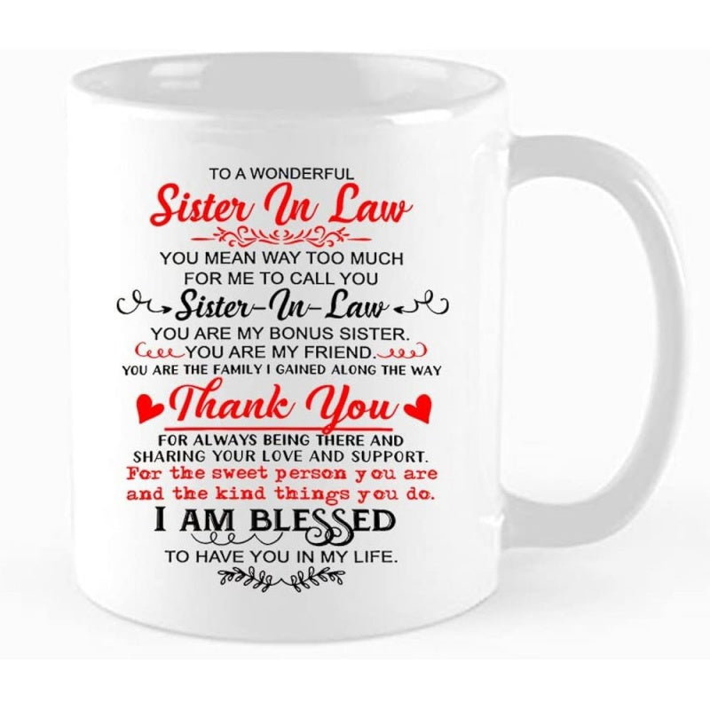 Tailorly White Ceramic 11 oz Mug - To A Wonderful Sister In Law Thank You I Am Blessed Minimalist White Ceramic Vessel With Delicate Red Hearts And Floral