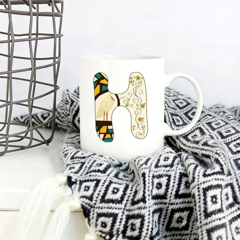 Tailorly White Ceramic 11 oz Mug - H Intricate Artistic Pattern Featuring A Graceful Bird And Floral Letter