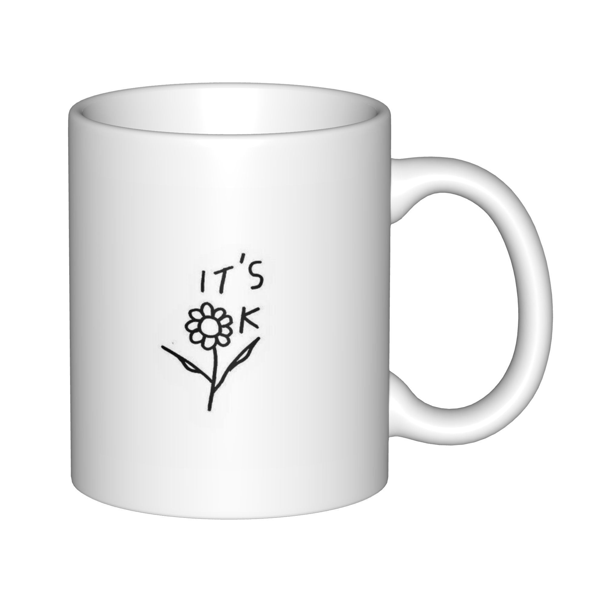 Tailorly White Ceramic 11 oz Mug - Its OK Simple Minimalist Hand Drawn Wildflower With Two Small Leaves Flower