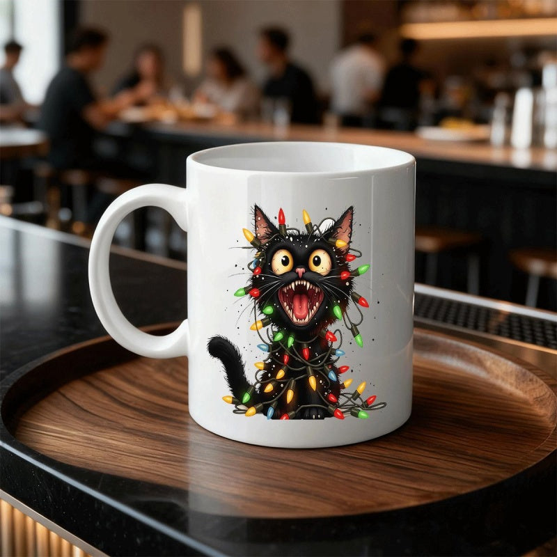 Tailorly White Ceramic 11 oz Mug - Playful Black Silhouette Tangled In Colorful Vibrant Festive Christmas Fairy Lights Cat