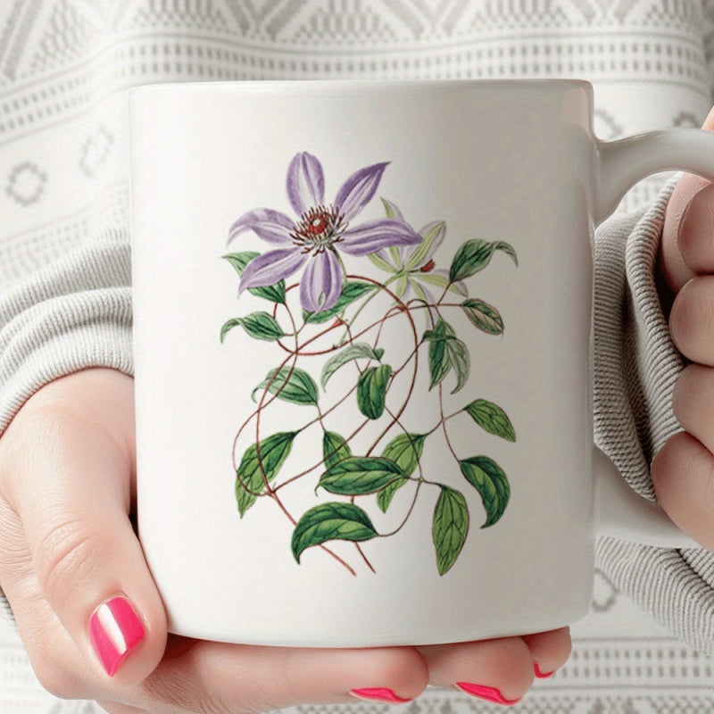 Tailorly White Ceramic 11 oz Mug - Elegant Purple Clematis With Intricate Green Leaves And Twining Vines Flower
